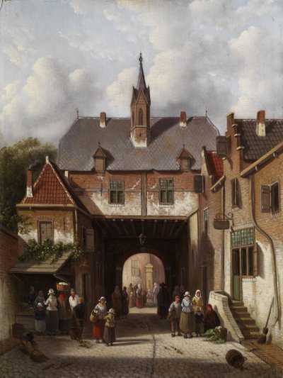 Markttreiben unter einem Torgebäude von Adrianus Eversen